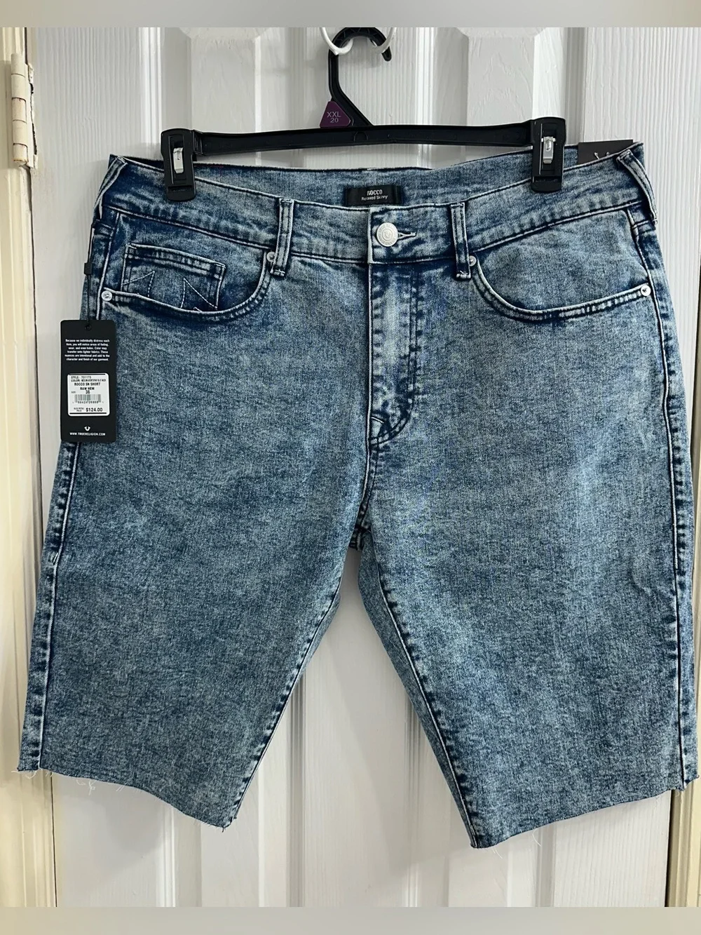 True Religion Men's Size 36 Dark Wash Rips Rocco Renegade Skinny Shorts MSRP 124